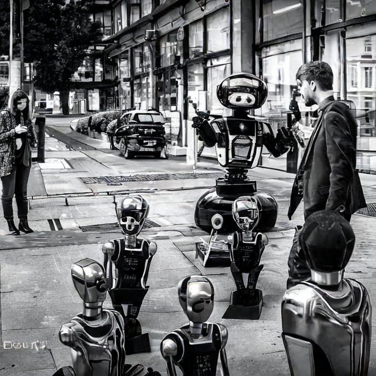 Imagen futurística, hecha con IA, de personas conviviendo con robots.